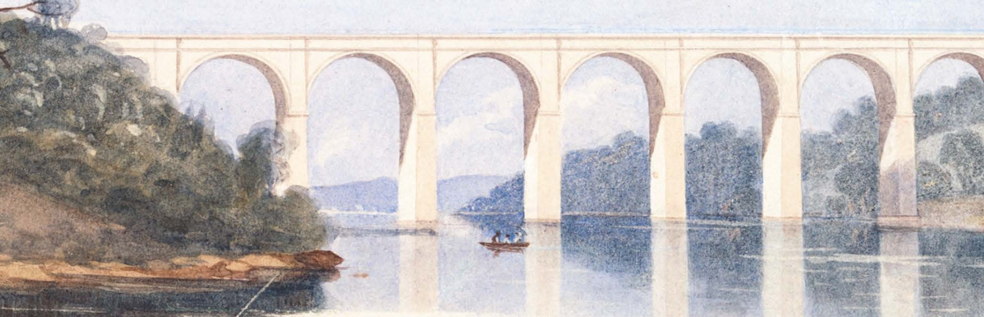 Detail of the cover of the spring 2026 issue of The Review showing a detail from William James Bennett's View of High Bridge and the Harlem River, 1844