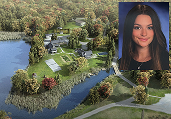 aerial depiction of Eleanor Roosevelt National Historic Site with inset image of young woman with brown hair