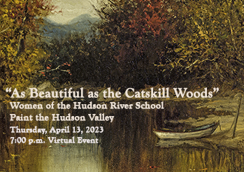 detail of an oil painting that shows a rowboat anchored at the edge of a woodland lake