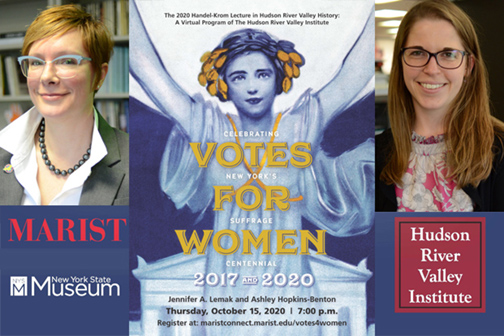 Woman Suffrage poster of a goddess wearing laurels and robes, with arms raised in victory, flanked by photos of the speakers: Jennifer Lemak and Ashley Hopkins-Benton