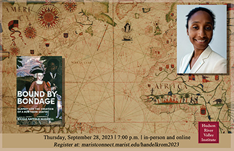 Image of 17th century map of the Atlantic world, with author photo and book cover of
