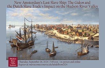 announcement for the lecture featuring a painting of ships coming to dock in New Amsterdam, circa 1660