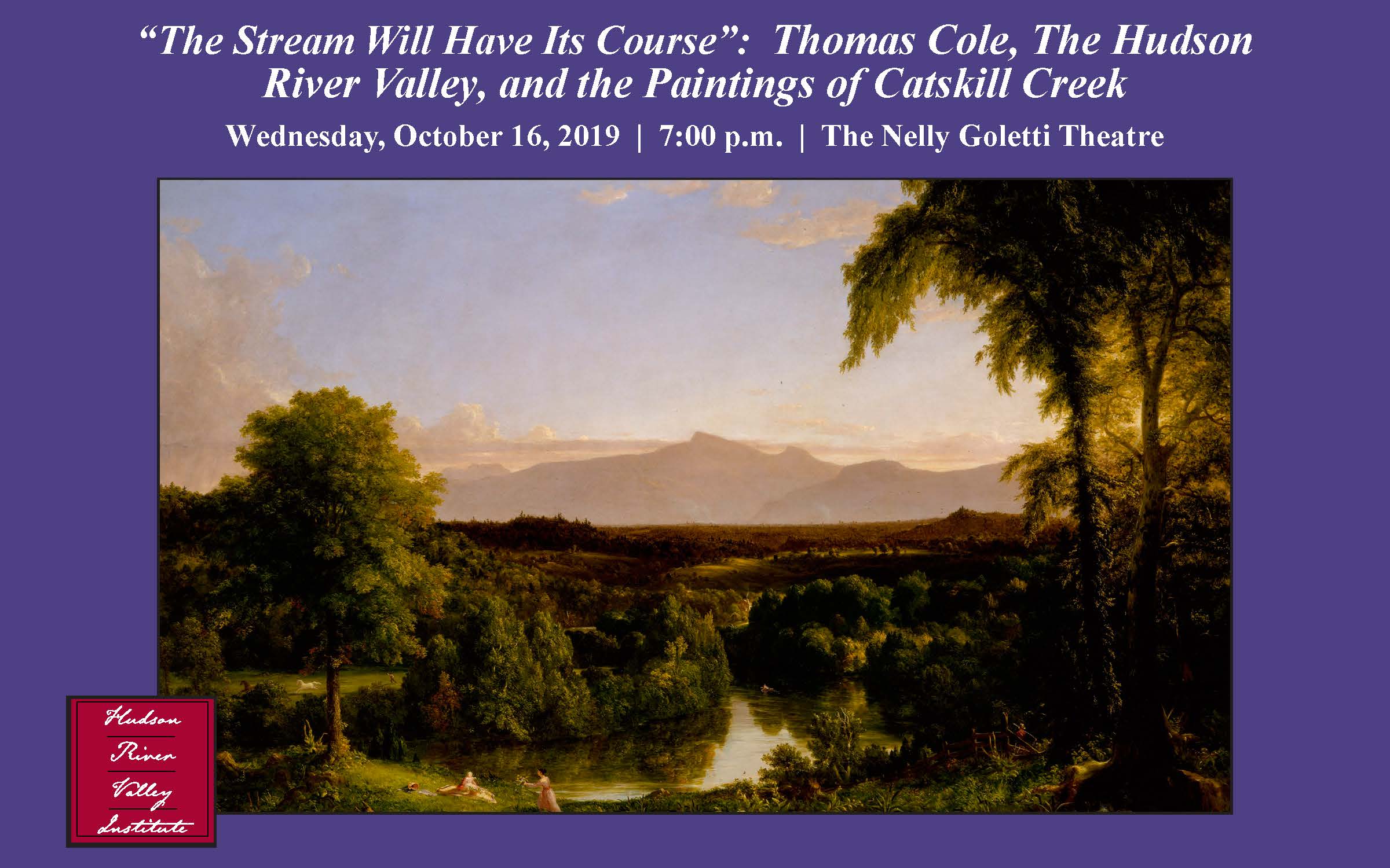 lecture postcard including one of Thomas Cole's paintings of the Catskill Creek