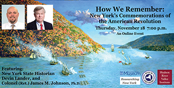 lecture details along with a photo of each speaker and a painted naval battle scene in the background
