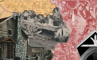collage of images including a cabin, many people at a picnic table, a buddha, and a map with the name