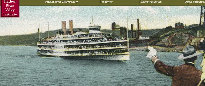 website navigation and image of a ship launching with crowd waving on shore