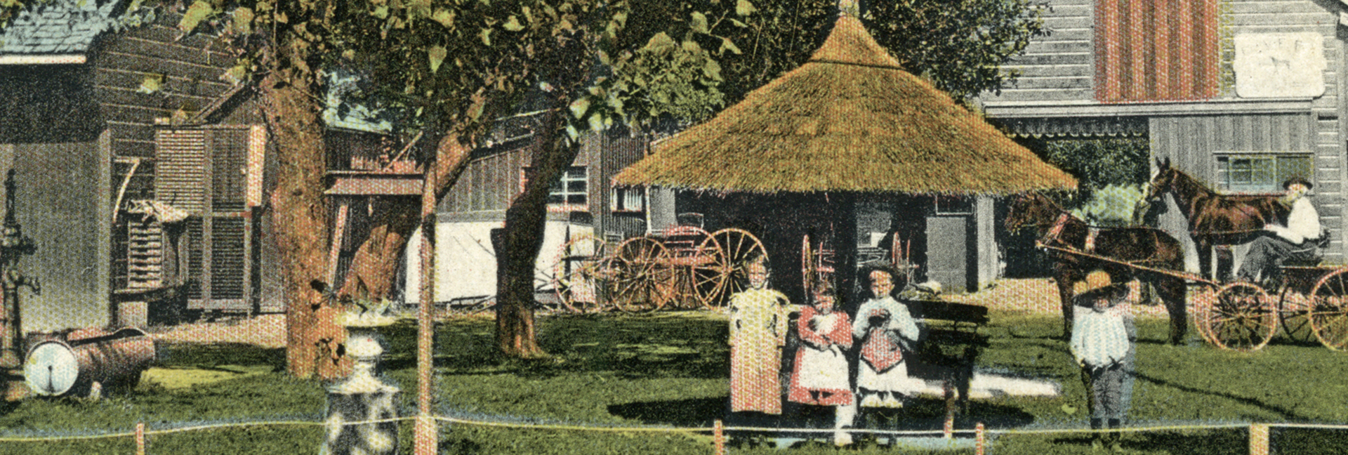 Old painting in a park, three children standing in the shade, one is not. Man with a horse carriage in the background