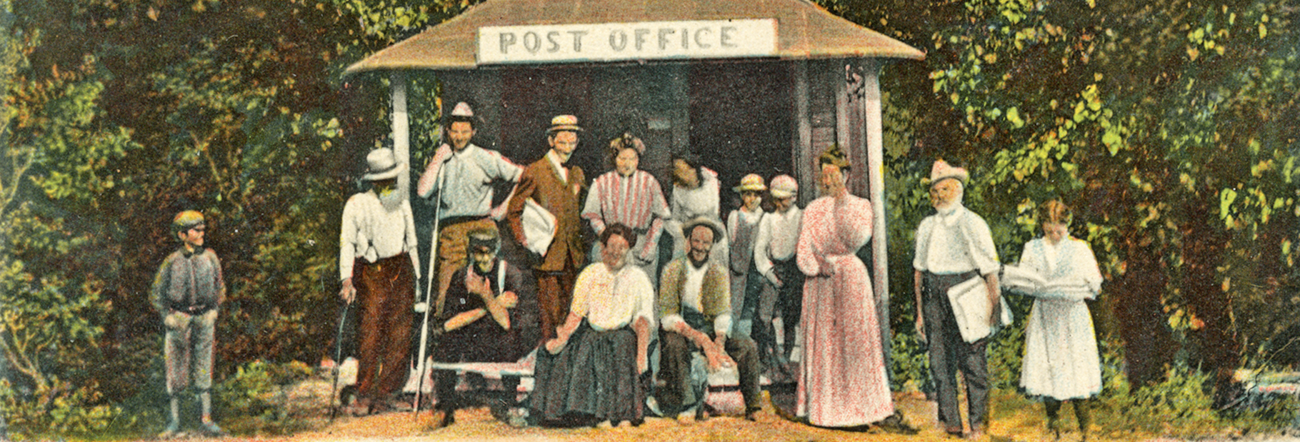 Painting of a bunch of people at the post office