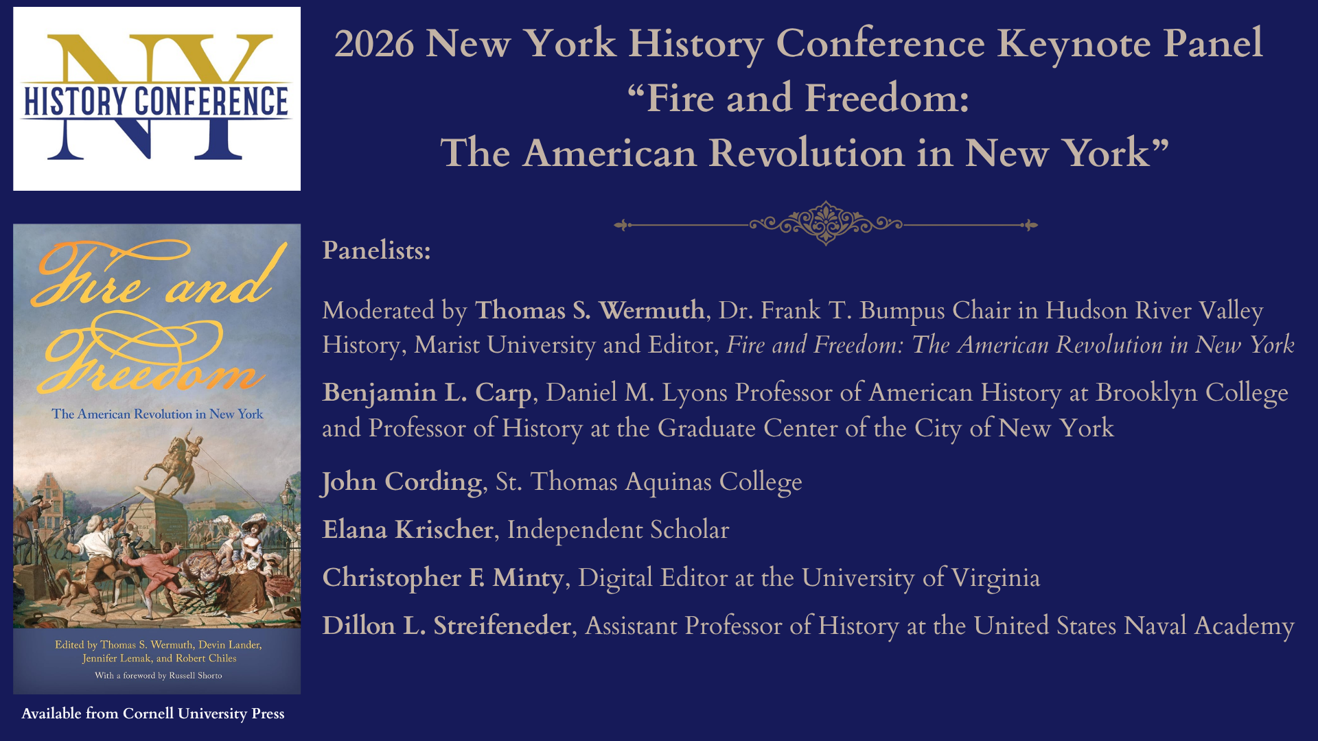 Image of the cover of Fire and Freedom: The American Revolution book with the panelists names from the keynote discussion