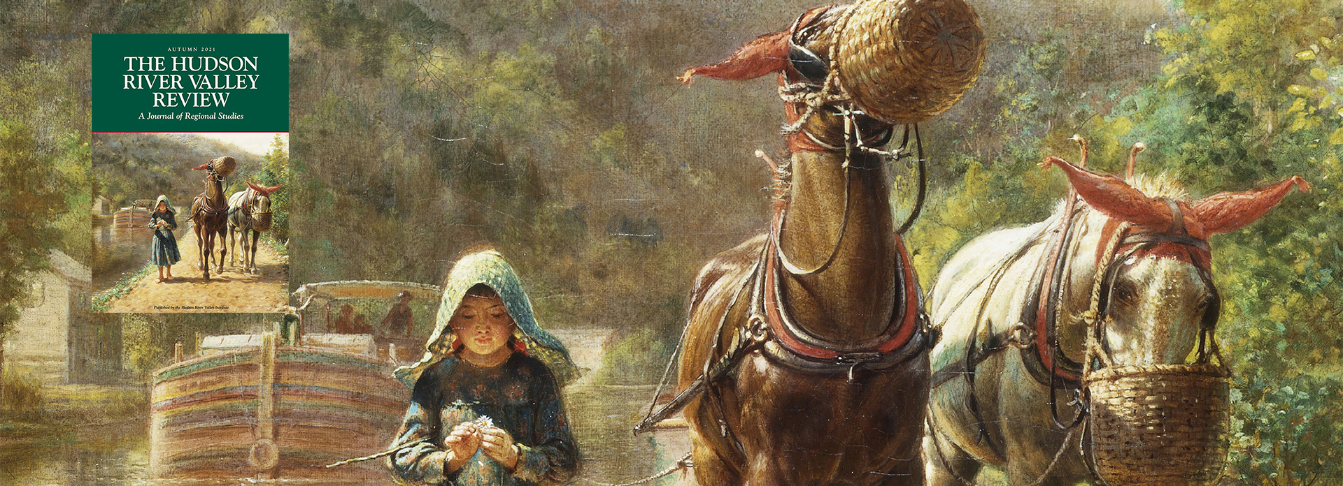 detail of cover of HRVR issue 38.1 showing a young girl leading two horses along the D&H Canal towpath. There is a canal barge in the background