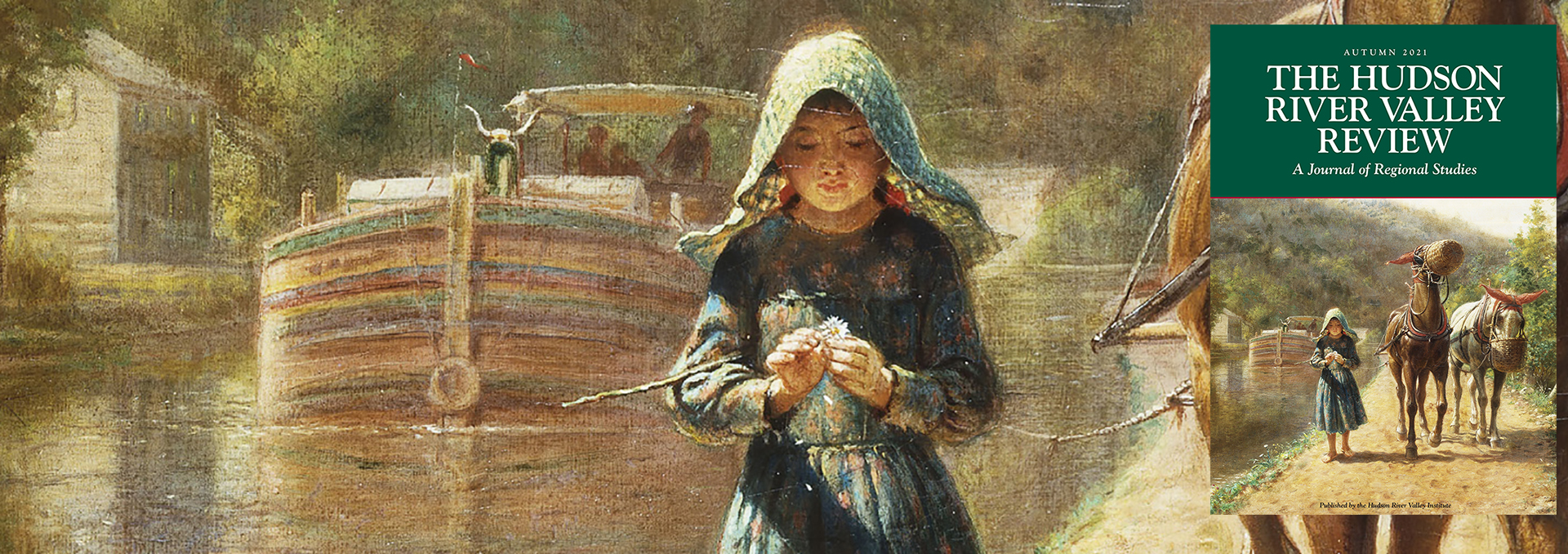 Detail of painting on the cover of HRVR 38.1 showing a young woman leading horses along the D&H Canal towpath. There is a canal boat in the background.