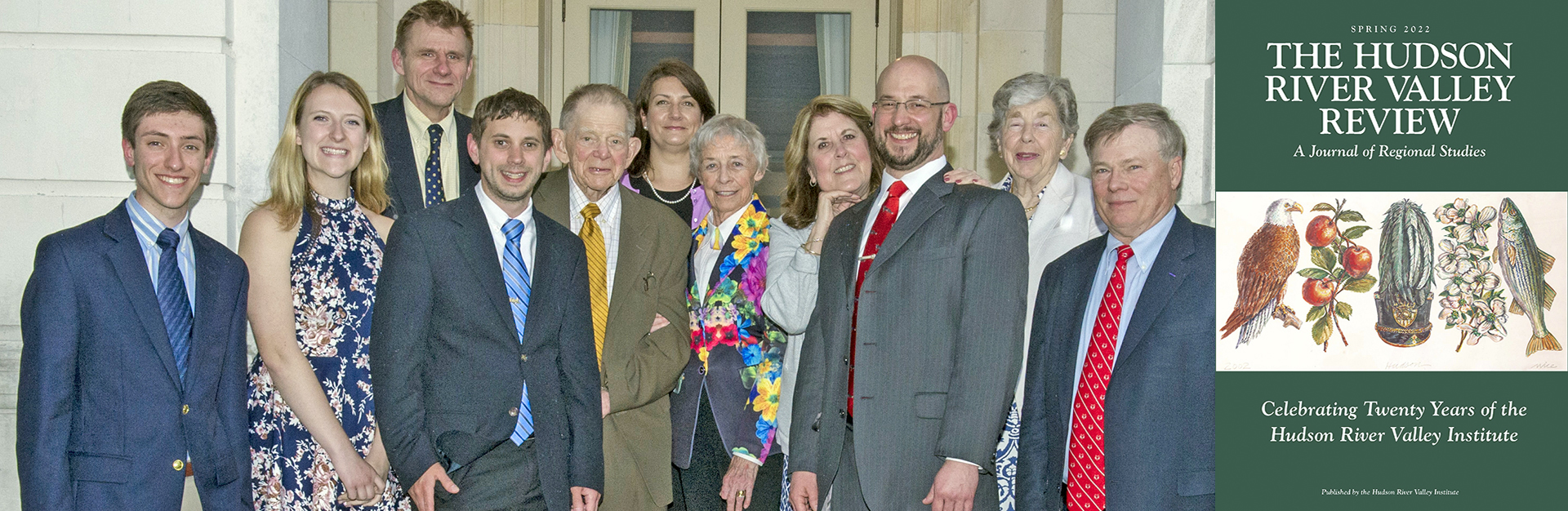 photo of HRVI staff and associates at a formal event, overlaid with an image of the cover of the journal