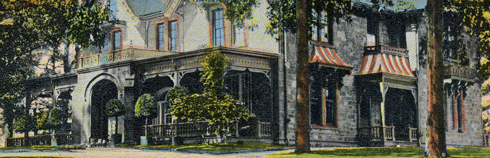 detail of cover image showing a historic postcard image of the Hoyt House, AKA: The Point in Staatsburg, NY a stone house in the gothic style