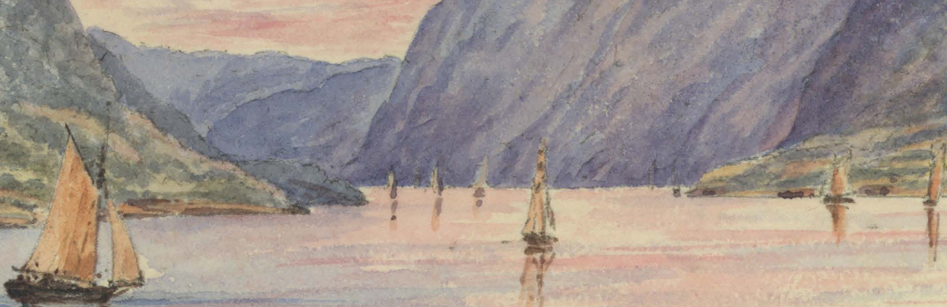 detail of the cover of HRVR 39.2 showing a watercolor image of sailboats sailing south into the Hudson Highlands