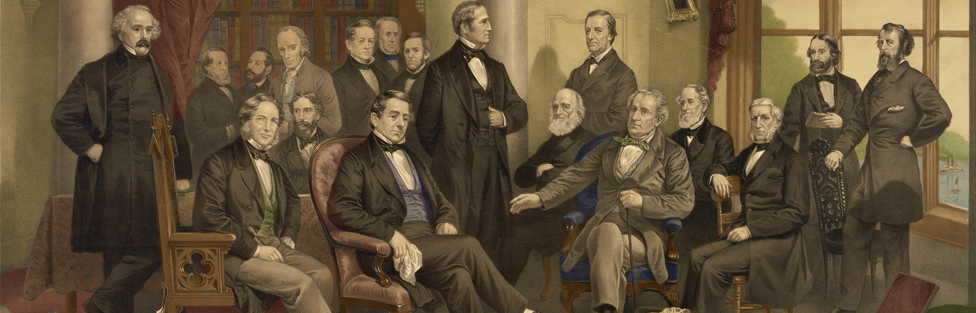 detail of print: Our Great Authors; a Literary Party at the Home of Washington Irving