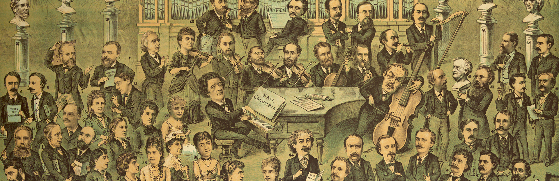 Detail of 1888 print: Our National Music depicting composers, conductors, and musicians