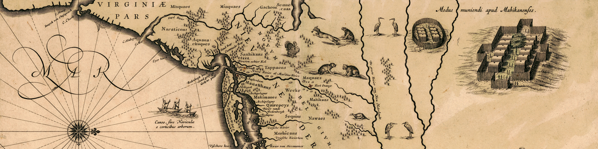 deail of 1630 map of North America with illustrations of Native Americans as well as beavers, cranes, and turkeys.