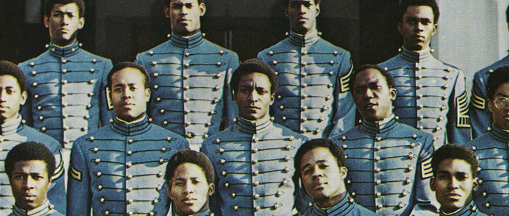 detail of 1976 USMA yearbook photo of black cadets posed formally
