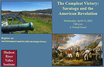 postcard announcing lecture with an image of a cannon on the Saratoga Battlefield as well as a painting of the British surrender at the time of the battle