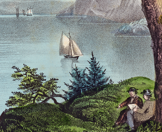detail of courier and Ives print showing two men on a bluff overlooking the Hudson River through the mountains of the highlands. Sailboats are on the river in the midground and distance.