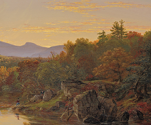 detail of Thomas Cole painting of Catskill Creek with creek and bulders in foreground, a man and rowboat in midground, and the escarpment of the Catskill Mountains in the background