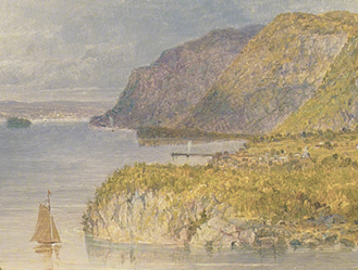 detail of painting by Seth Eastman that appears on the cover if the issue: showing a sailboat surrounded by the rocky Hudson Highlands with a city (Newburgh) in the hazy distance