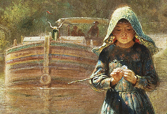 detail of issue's cover showing a young girl, barefoot, leading horses along a canal towpath, the bow of a canal barge is seen over her right shoulder