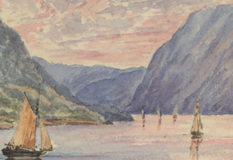 detail of the cover of the Spring '23 issue of the HRVR, a watercolor painting of sloops sailing through the Hudson Highlands