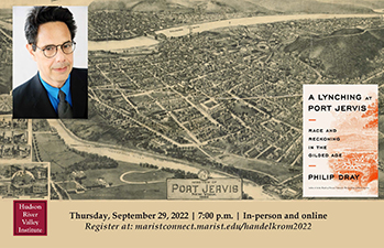 postcard advertising the lecture: an old map of Port Jervis with a photo of the speaker and the cover of the book