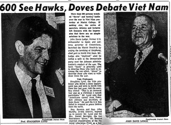 newspaper clipping with the headline "600 see hawks, doves debate Viet Nam"