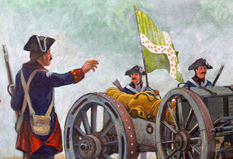 painting of revolutionary war soldier directing a carriage with a cannon loaded on it
