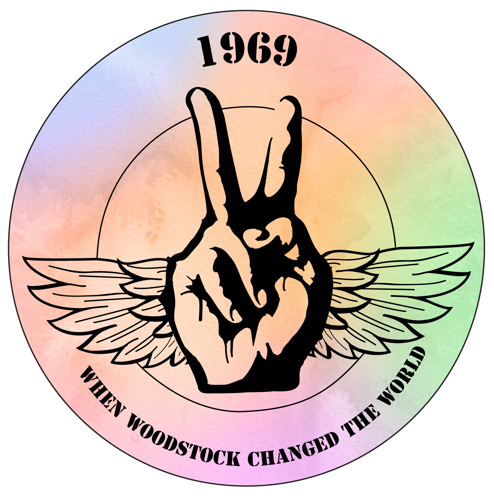 circular logo with a peace sign and wings