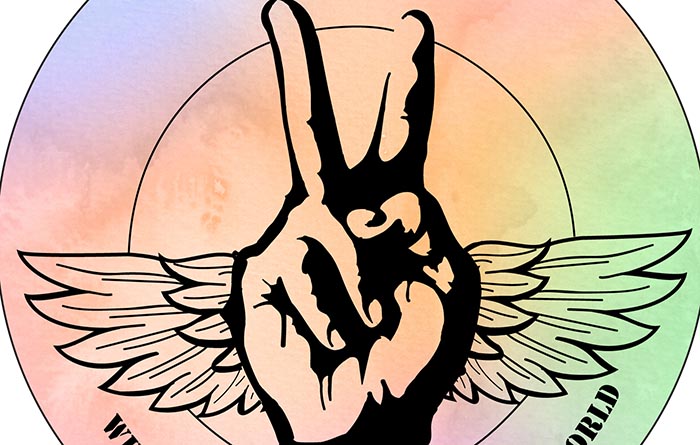 crop of the conference logo: a peace sign with wings