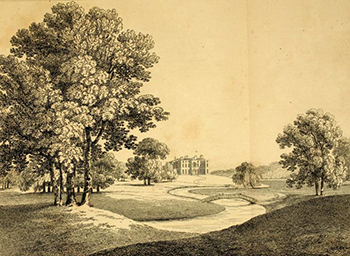 black and white etching of a "beautiful" landscape scene showing manicured lawns and trees that accent man-made improvements such as a bridge and mansion in the background.