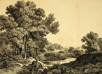 black and white etching of the same scene, now as a "picturesque" landscape showing fields and forests that appear natural though still feature a bridge and house int he distance which are integrated into the landscape.