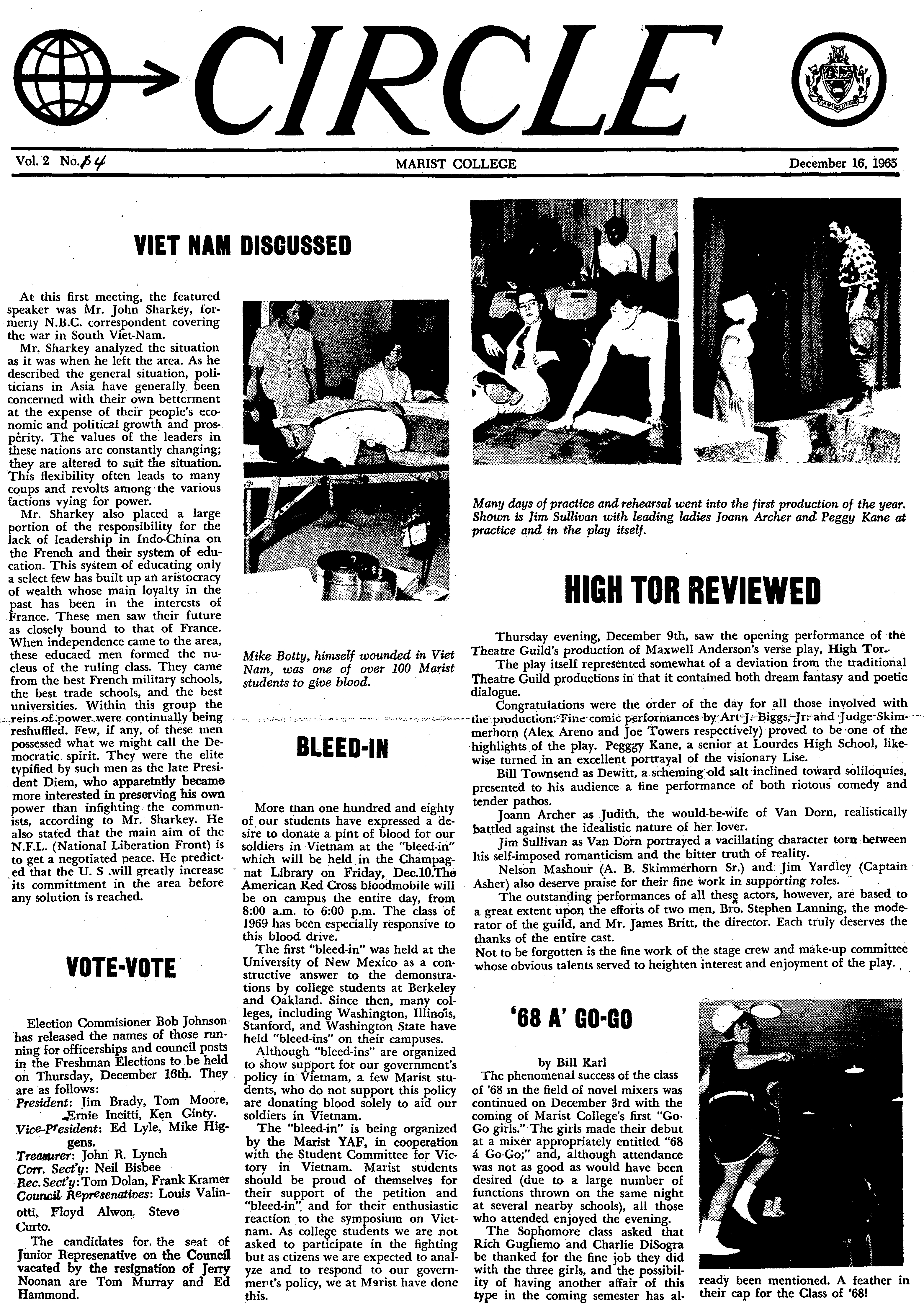front page of The Circle, Marist Student Newspaper, Volume 2, Number 4 December 16, 1965, with headline stating "Viet Nam discussed."