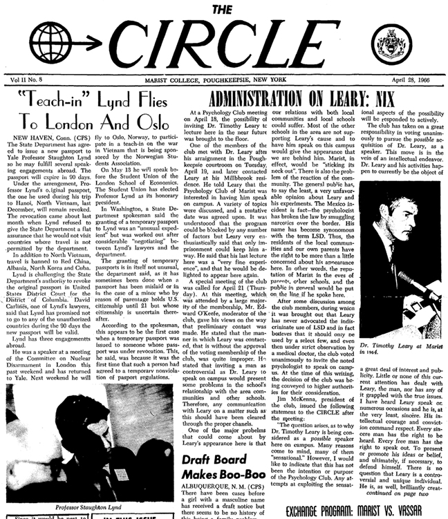 front page of The Circle, Marist student newspaper. Volume 2, Number 8, April 28,1966 with the headlines "Tech-in Lynd FLies to London and Oslo," "Administration on Leary: Nix," and "Draft Board Makes a Boo-Boo"