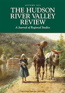 cover of Autumn 2021 issue with detail of a painting that shows a young girl, hoggee, leading two horses as they pull a barge on the D&H Canal
