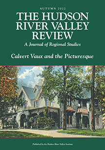detail of cover of HRVR 39.1, features an image of the Hoyt House, aka: The Point, in Staatsburgh, NY. a stone house with porches in the gothic style